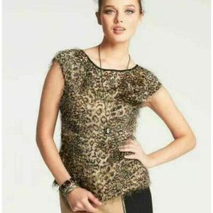 Ann Taylor Blouse Women's 6 Leopard Animal Print Fuzzy Eyelash Fringe Cap Sleeve